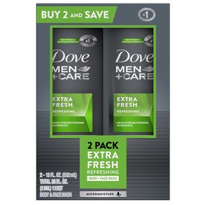 Dove Men+Care Body and Face Wash For Dry Skin Extra Fresh More Moisturizing Than Typical Bodywash, 18 OZ, 2CT