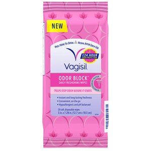 Vagisil Odor Block Daily Freshening Wipes, 20 Wipes in a Resealable Pouch