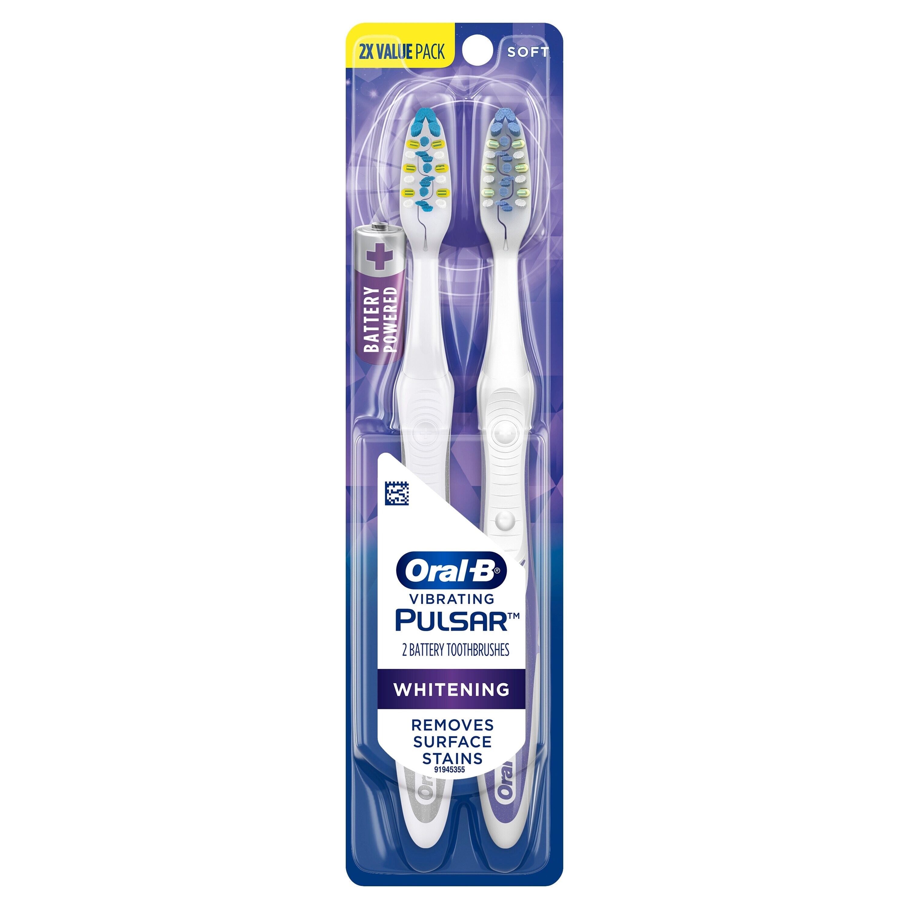 Oral-B Pulsar 3D White Luxe Battery Powered Soft Bristles Toothbrush, 2 Count