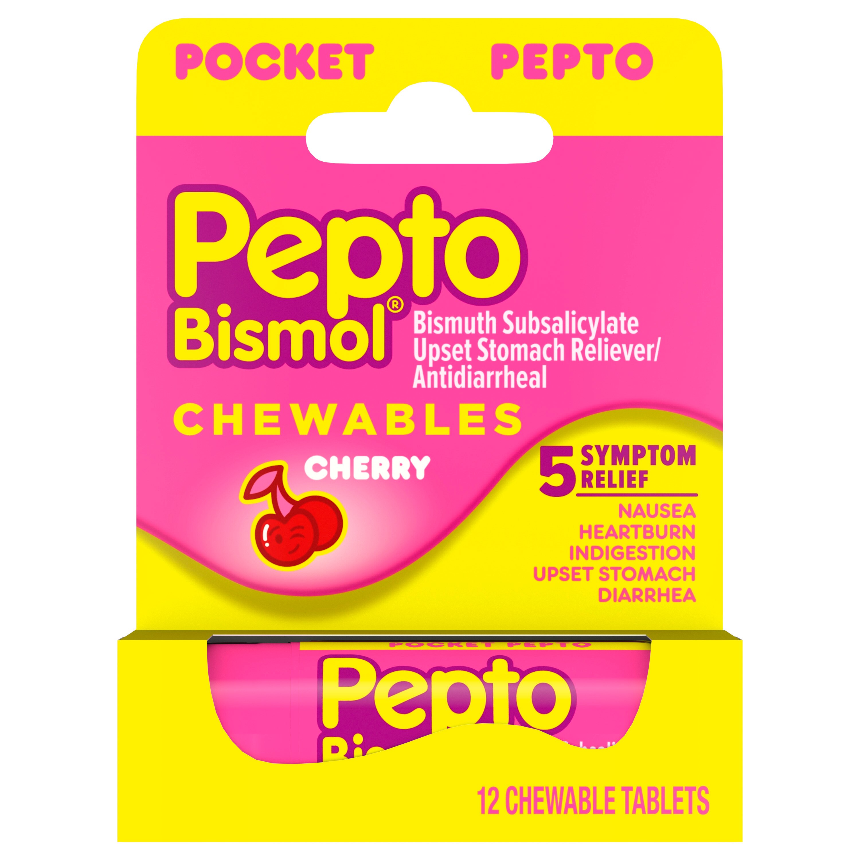 Pepto Bismol Pocket Chewable Tablets for Nausea, Heartburn, Indigestion, Upset Stomach, and Diarrhea Relief, Cherry Flavor 12CT