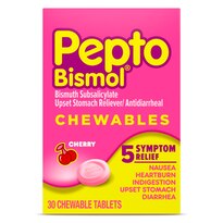 Pepto Bismol Chewable Tablets for Nausea, Heartburn, Indigestion, Upset Stomach, and Diarrhea Relief, Cherry Flavor 30 CT