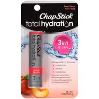 ChapStick Total Hydration (Sweet Peach Flavor, 0.12 Ounce) Flavored Lip Balm Tube, 3 in 1 Lip Care, Contains Omegas 3 6 9