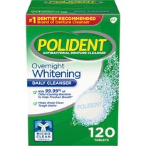 Polident Overnight Whitening Antibacterial Denture Cleanser Effervescent Tablets, 120 CT