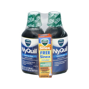 Vicks Nyquil Cold & Flu Liquid Twin Pack Plus Free Sinex 12 hour Decongestant Mist