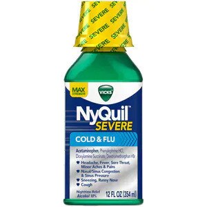 Vicks NyQuil SEVERE Cough Cold and Flu Nighttime Relief Liquid, 12 Fl OZ - Relieves Nighttime Sore Throat, Fever, and Congestion