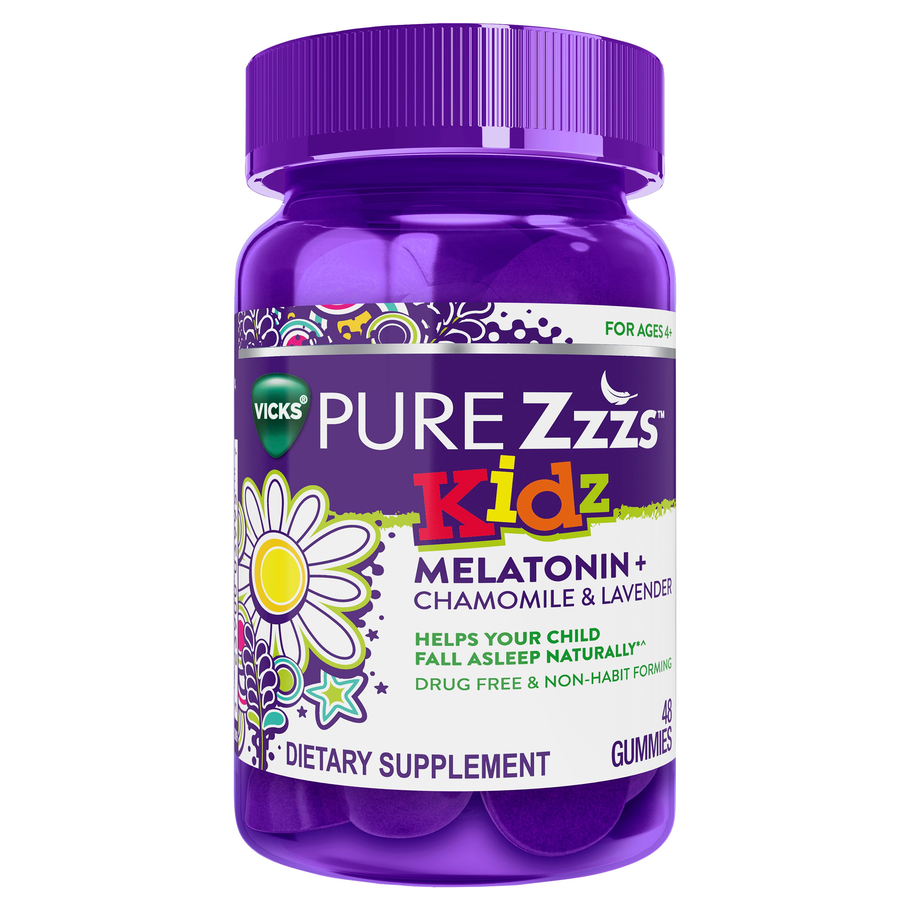 Vicks PURE Zzzs Kidz Melatonin Lavender & Chamomile Sleep Aid Gummies for Kids & Children, Natural Berry Flavor, 0.5mg per gummy, 48 Count