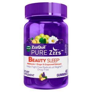 Vicks ZzzQuil PURE Zzzs Beauty Sleep Melatonin Sleep Aid w/ Ginger, Grape Seed Extract, Chamomile, Lavender & Valerian Root, 1mg per gummy, 42 gummies