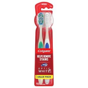 Colgate 360 Optic White Whitening Toothbrush, Medium - 2 Count