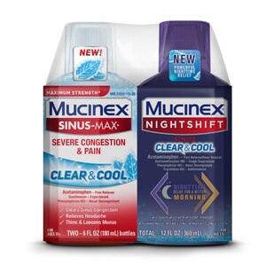 Mucinex Sinus-Max Severe Congestion & Pain Clear & Cool & Mucinex Nightshift Sinus Clear & Cool Liquid Combo Pack (2x6)
