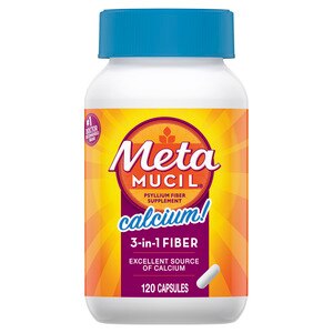 Metamucil Fiber with Calcium, 3-in-1 Psyllium Capsule Fiber Supplement with Calcium for Bone Health, 120CT Capsules