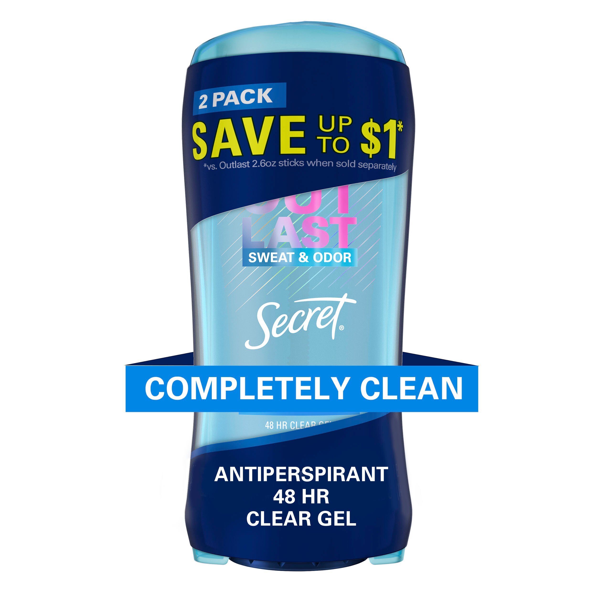 Secret Outlast Clear Gel Antiperspirant Deodorant for Women, Completely Clean 2.6 oz (Pack of 2)