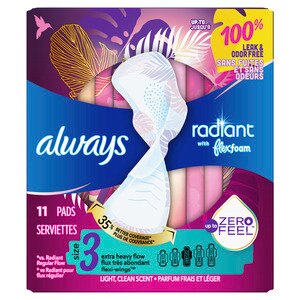 Always Radiant Pads, Size 3, Extra Heavy Flow Absorbency, Scented, 11 Count