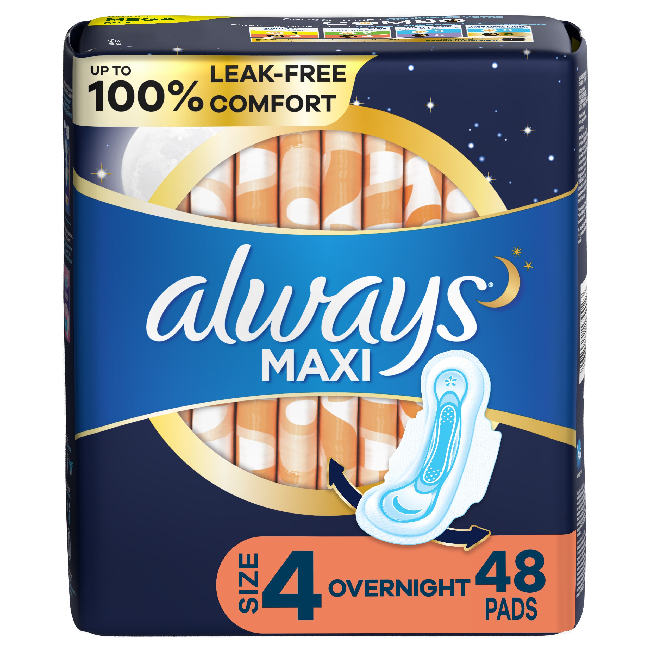 ALWAYS Maxi Size 4 Overnight Pads With Wings Unscented, 48 Count