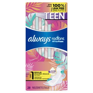 Always Radiant Teen Pads, Regular Absorbency, Unscented, 28 Count