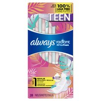 Always Radiant Teen Pads, Regular Absorbency, Unscented, 28 Count