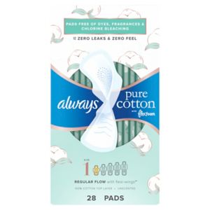 Always Pure Cotton with FlexFoam Pads Regular Absorbency Size 1, 28 Count