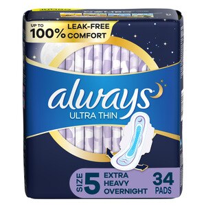 Always Ultra Thin Size 5 Extra Heavy Overnight Pads With Wings, 34/Pack