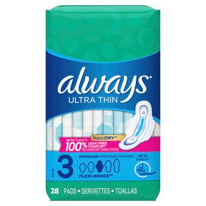 Always Ultra Thin Size 3 Extra Long Super Pads With Wings, 14 Count