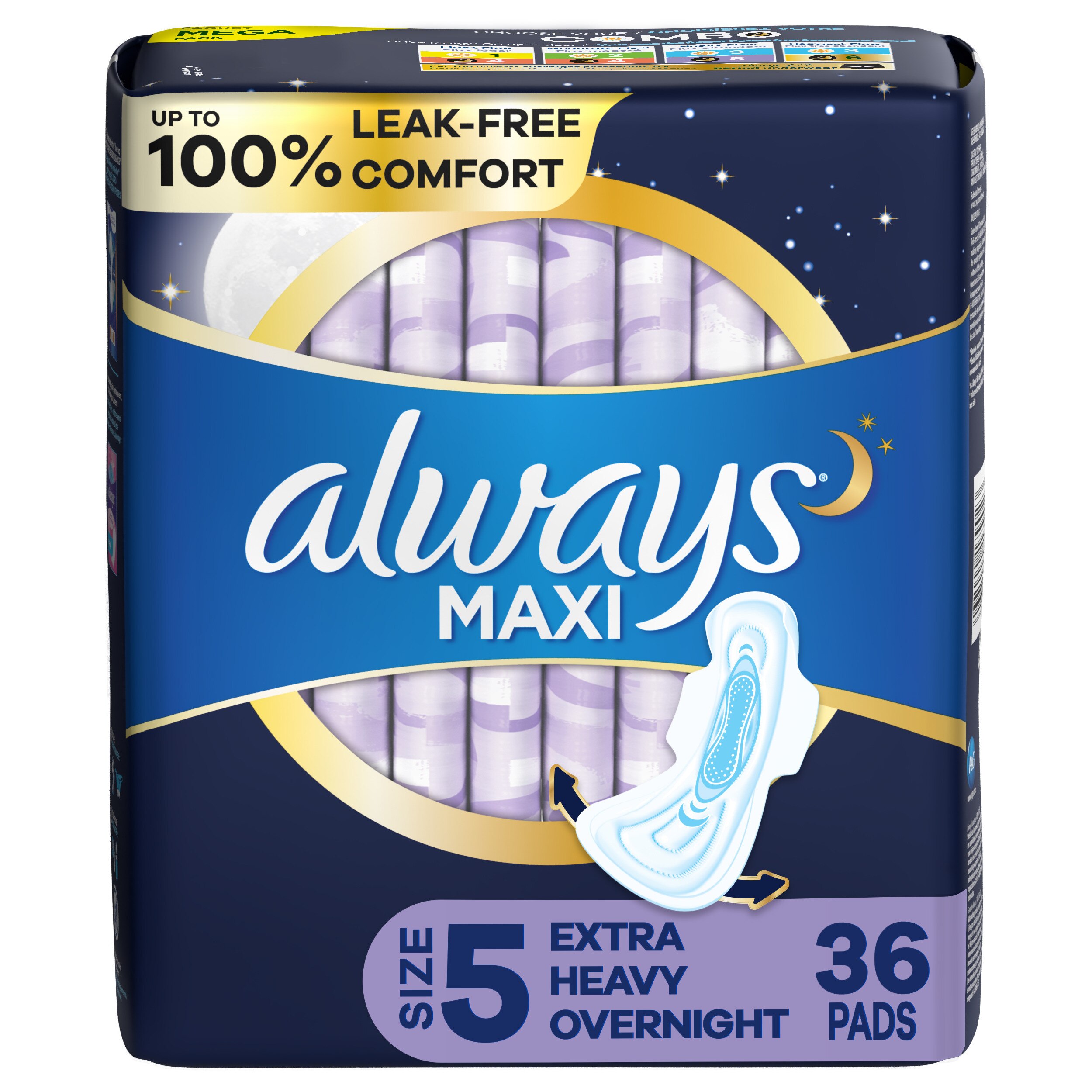 ALWAYS Maxi Size 5 Extra Heavy Overnight Pads With Wings Unscented, 36 Count