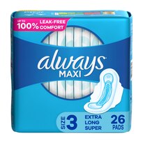 ALWAYS Maxi Size 3 Extra Long Super Pads With Wings Unscented, 26 Count