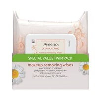 Aveeno Ultra-Calming Cleansing Oil-Free Makeup Removing Wipes for Sensitive Skin, 25 Count, Twin Pack