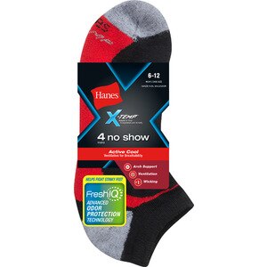 Hanes X-Temp Men's No Show Socks, Size 6-12, 4 Pairs