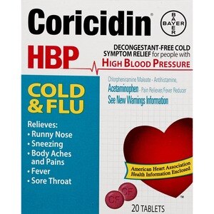 Coricidin HBP Cold and Flu Cold Relief Tablets, 20CT