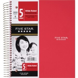 Mead Five Star - 5 Subject Notebook, Wide Ruled, 200 Sheets