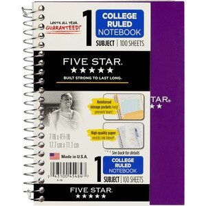 Mead Five Star Notebook 1-Subject+Pkts CollegeRuled7"x4 3/8"