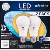 GE LED Soft White Dimmable A19 Light Bulbs, 10w, 2 CT, thumbnail image 1 of 1