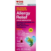 CVS Health Maximum Strength Dye-Free Adult Allergy Diphenhydramine Liquid, Cherry Flavor, 4 OZ