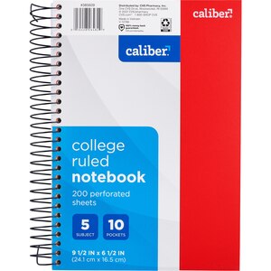 Caliber Notebook 5-Subject w/2 Pockets CollegeRuled 9.5x6.5"