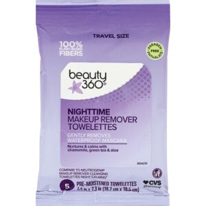 Beauty 360 Nighttime Make-Up Remover Cleansing Cloths Travel Size, 5/Pack