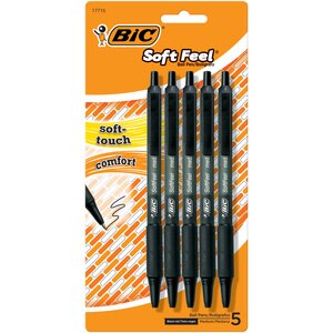 BIC Soft Feel Retractable 1mm Medium Point Ball Pen Black Ink, 5CT