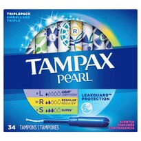 Tampax Pearl Tampons, Light/Regular/Super Absorbency with LeakGuard Braid, Triple Pack, Scented, 34 Count