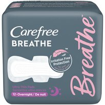 Carefree Breathe Ultra Thin Overnight Pads with Wings, 12 CT