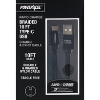 Rapid Charge Braided 10Ft Type-C USB Charge & Sync Cable, Black