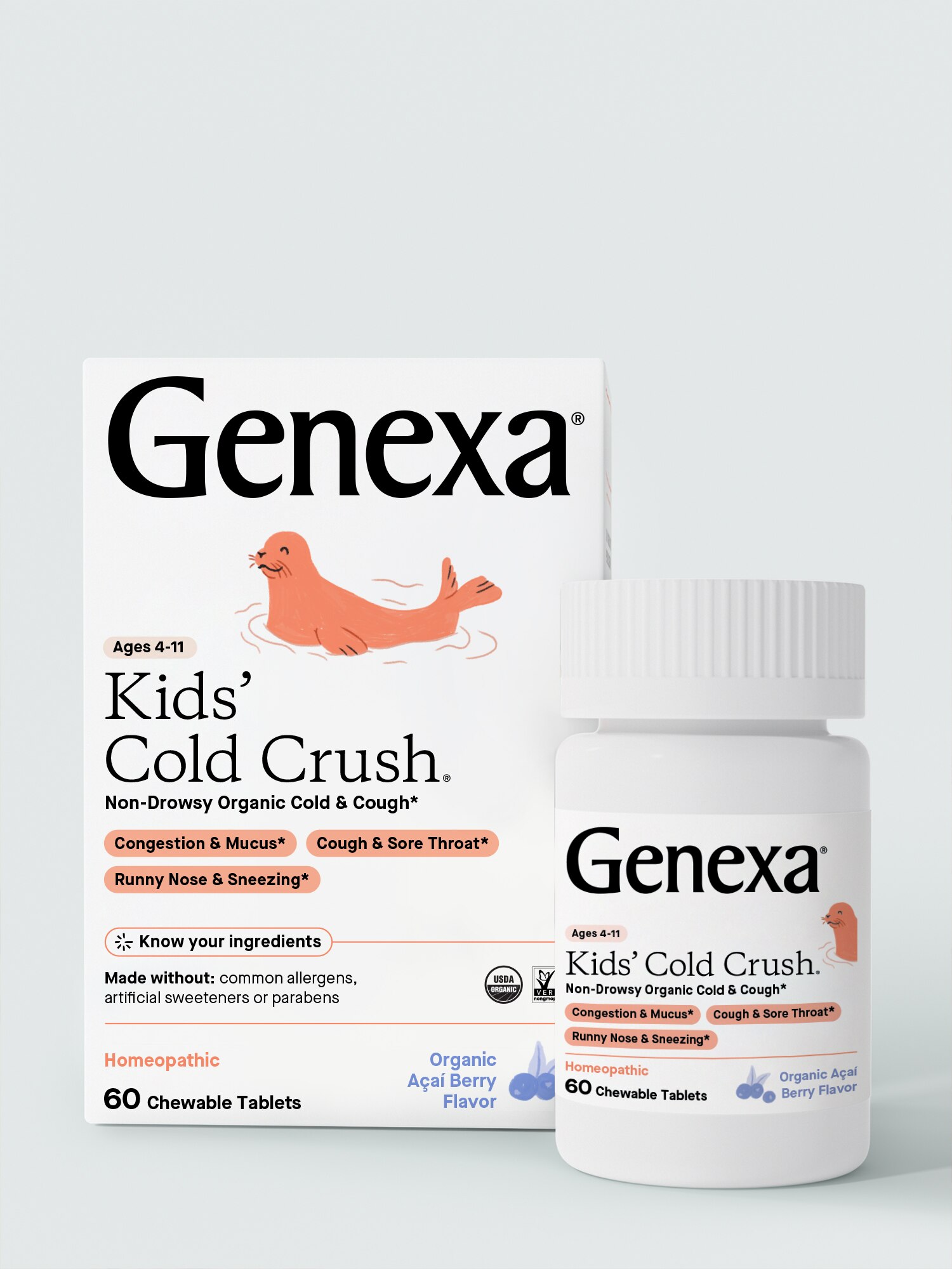 Genexa Children's Cold Crush Chewable Tablets, Organic Acai Berry, 60CT 