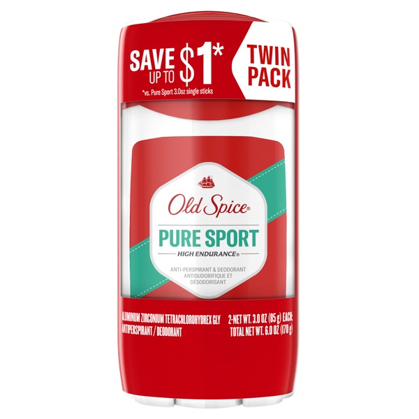 Old Spice High Endurance Invisible Solid Pure Sport Men's Anti-Perspirant & Deodorant Twin Pack, 3 OZ