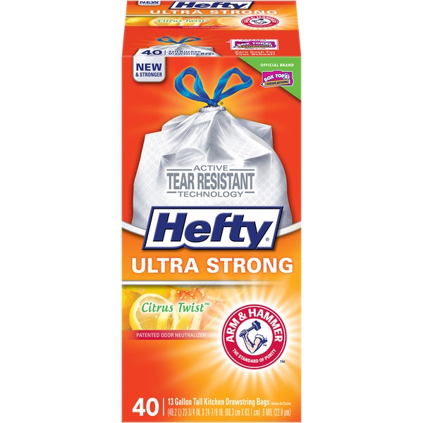 Hefty Ultra Strong Tall Kitchen Drawstring Trash Bags, 13 Gallon, 40 CT