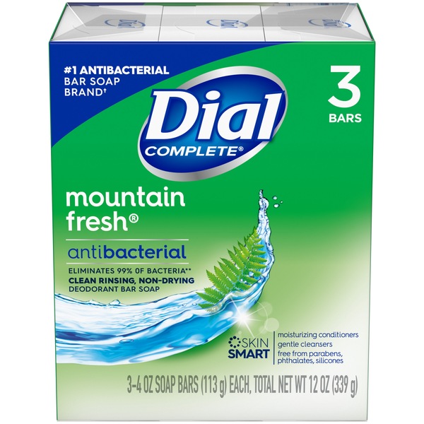 Dial Antibacterial Deodorant Bar Soap, Mountain Fresh, 4 OZ, 3 Bars