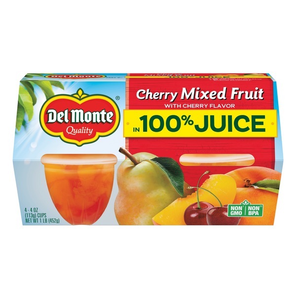 Del Monte Cherry Flavored Mixed Fruit in 100% Juice, 4 Pack 4 OZ Cups
