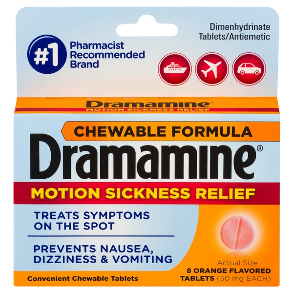 Dramamine Chewable Formula Motion Sickness Relief, Orange, 8 CT