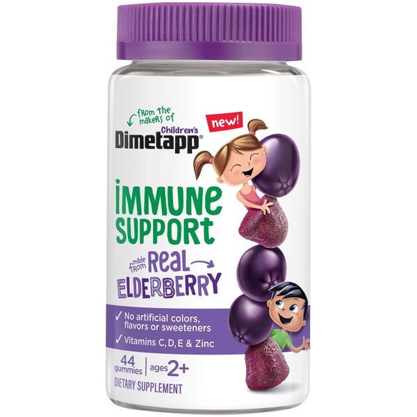 Clicking on the image opens a new modal with 1 larger images of Dimetapp Elderberry Gummies Immune Support for Kids, Vitamins C, D, E, & Zinc, 44 gummies. Some images may not have descriptive text. 1 out of 1.