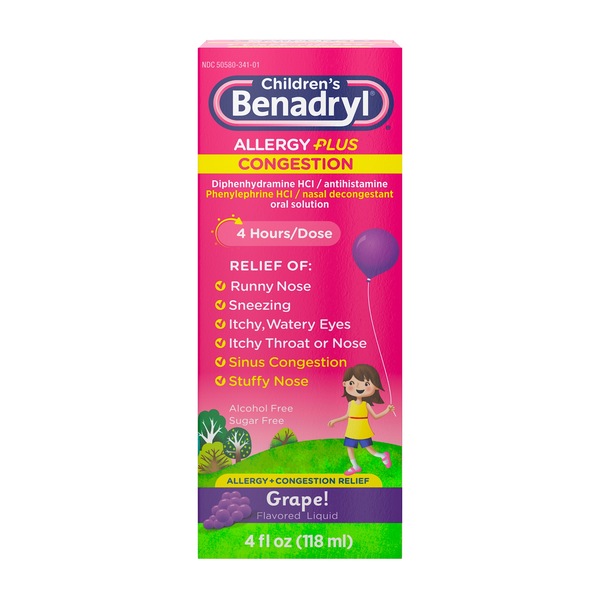 Children’s Benadryl Allergy Plus Congestion Liquid, Grape, 4 fl. OZ