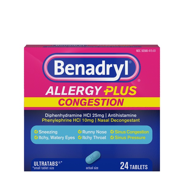 Benadryl Allergy Plus Congestion Ultratabs, Nasal Congestion Relief, Allergy Tablets, 24 Ct