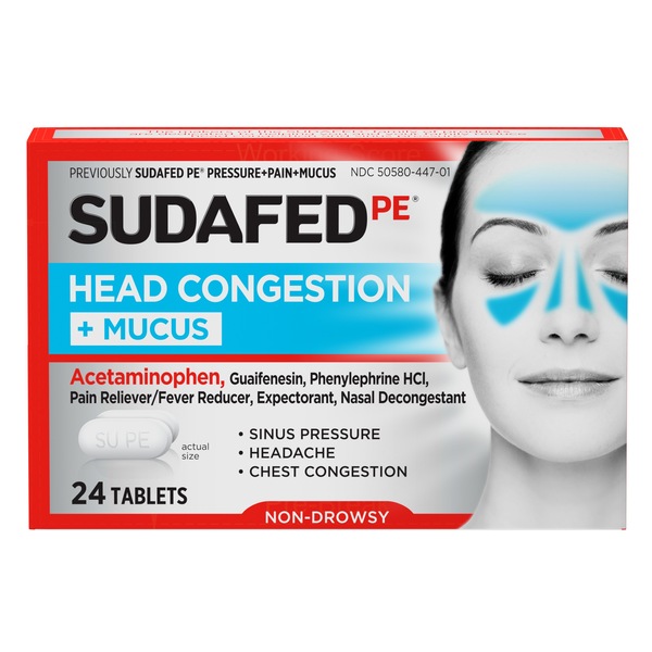 Sudafed PE Head Congestion + Mucus Non-Drowsy Relief Tablets, 24 CT