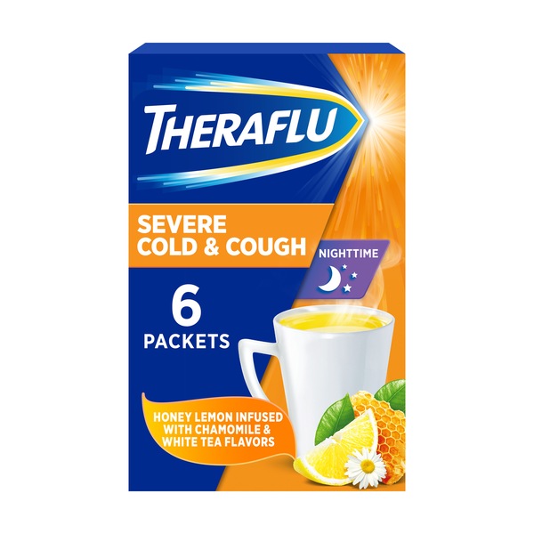 Theraflu Nighttime Severe Cold & Cough Honey Lemon Infused with Chamomile & White Tea Hot Liquid Powder for Cough & Cold Relief
