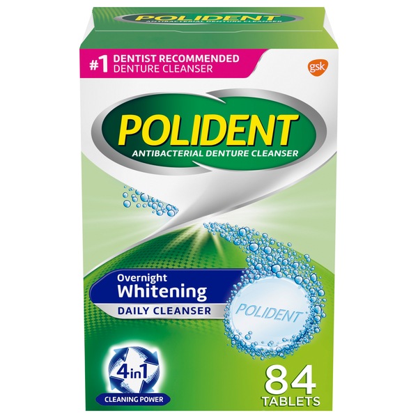 Polident Overnight Whitening Antibacterial Denture Cleanser Effervescent Tablets, 84 CT