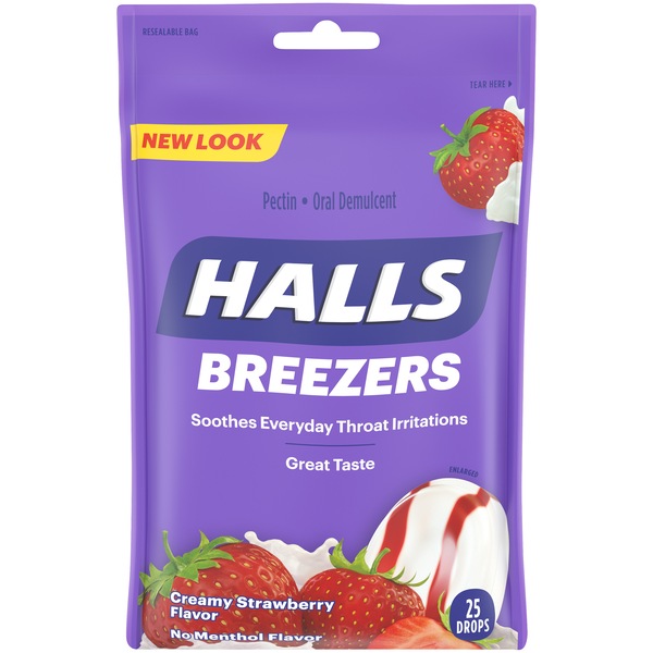 HALLS BREEZERS PECTIN DEMULCENT THROAT DROPS CRMY STRAWBERRY